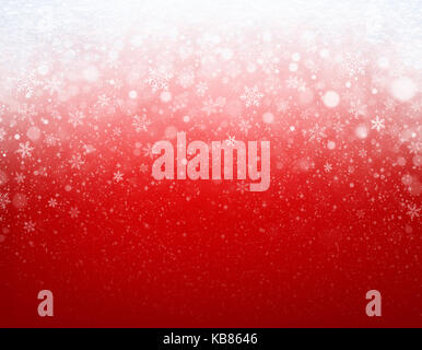 Snowflakes shapes and snowfall on a frozen red background - Christmas decoration Stock Photo