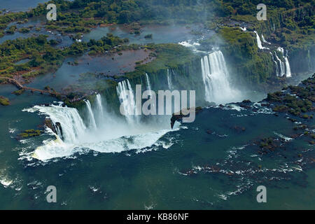 Walkway and Devil's Throat (Garganta do Diabo), Iguazu Falls, on Brazil - Argentina Border, South America - aerial