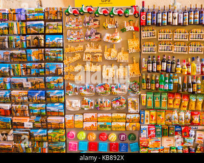 Magnets at a souvenir shop in Volterra Tuscany - VOLTERRA / TUSCANY ITALY - SEPTEMBER 14, 2017 Stock Photo