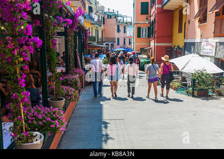 Vernazza, Italy - July 02, 2016: street scene in Manarola with unidentified people. Manarola is one of the famous five UNESCO protected, picturesque t Stock Photo