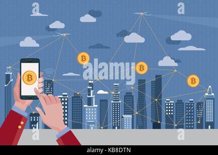 Hands with a mobile phone. Bitcoin icon on mobile phone. Blockchain Concept Stock Vector