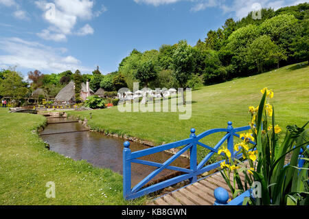 Rose Cottage Tea Gardens, Cockington, Torquay Devon UK - View across the lawn and stream with garden bridge and Yellow Iris in foreground Stock Photo