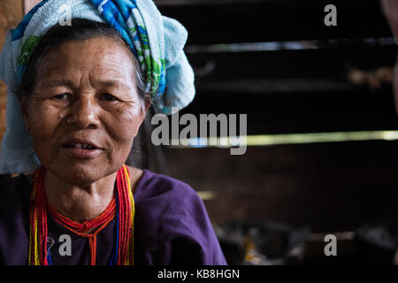 Chiang Mai, Thailand - September 14, 2017: Unidentified elder woman from Karen ethnic hill tribe minority with traditional clothes in Chiang Mai, Thai Stock Photo