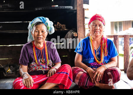 Chiang Mai, Thailand - September 14, 2017: Unidentified elder woman from Karen ethnic hill tribe minority with traditional clothes in Chiang Mai, Thai Stock Photo