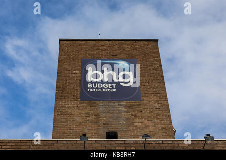 BHG Budget Hotels Group sign logo Stock Photo