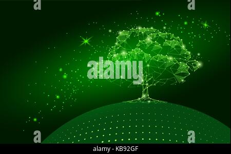 Polygonal tree on dark green sky background. Abstract Earth eco globe concept. Connected dot line point art life root vector illustration Stock Vector