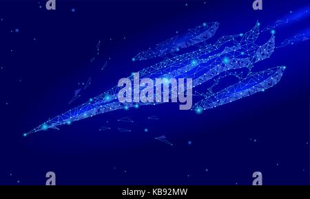 Low poly starship. Future technology business concept design. Triangle polygonal connected dots shiny star space. Rocket dark blue sky vector illustration Stock Vector