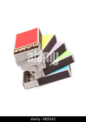 Stack of few open variegated matchboxes on white background Stock Photo