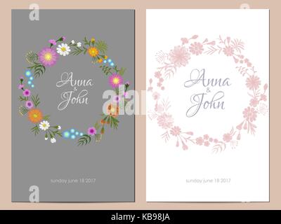 Field flowers wedding invitation. Save the date greeting card floral round design. Wild dog rose rustic traditional vintage embroidery vector template Stock Vector