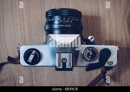 Old vintage, analogue camera, top-down photo Stock Photo