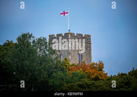 Flag of England, St George's Cross. Flying from a Suffolk church tower. Stock Photo