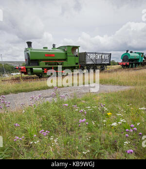Industrial railway steam locomotive and coal wagon on display in former colliery. Blaenavon, UK Stock Photo