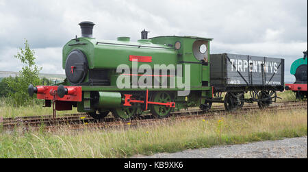 Industrial railway steam locomotive and coal wagon on display in former colliery. Blaenavon, UK Stock Photo