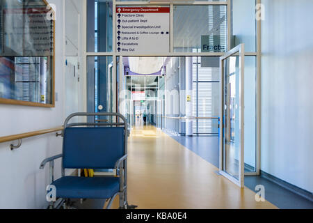 Wheelchairs parked in a hospital corridor. Stock Photo