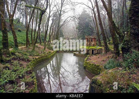 Duck house and the pond on the river in Da Pena park, Sintra during foggy, rainy weather Stock Photo