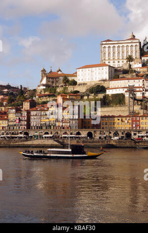 Boat on the Duoro River next to Luis I Bridge in Porto, Portugal Stock Photo