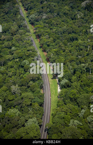 Rainforest, Iguaçu National Park and road to Iguazu Falls, Parana State, Brazil, South America - aerial Stock Photo