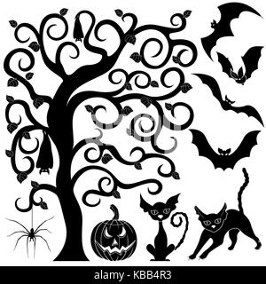 Halloween black silhouettes set of bats, cats, pumpkin and spider around the inclined tree, vector design elements Stock Vector