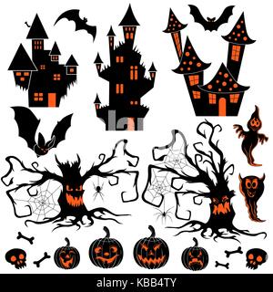 Halloween silhouettes set of castles, bats, ghosts, pumpkins, spiders with cobweb and angry evil twisted trees, black and orange vector design element Stock Vector