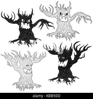 Halloween cartoon set of two pairs of aggressive evil trees in stencil and outline vector designs Stock Vector