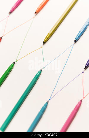Connected lines painted with colorful markers on white paper. Lines for charts, shedule Stock Photo
