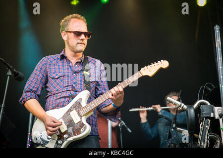 The international acclaimed Norwegian jazz band Jaga Jazzist performs a live concert at the Norwegian music festival Bergenfest 2015 in Bergen. Here musician and guitarist Marcus Forsgren is pictured live on stage. Norway, 13/06 2015. Stock Photo