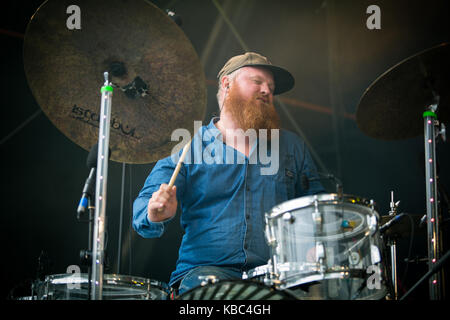 The international acclaimed Norwegian jazz band Jaga Jazzist performs a live concert at the Norwegian music festival Bergenfest 2015 in Bergen. Here drummer, singer and multi-instrumentalist Martin Horntveth is pictured live on stage. Norway, 13/06 2015. Stock Photo