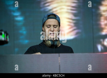 The Norwegian producer, DJ and remixer Kyrre Gørvell-Dahll is best known by his artist name Kygo and here performs a live concert at music festival Lollapalooza 2015 in Berlin. Germany, 13/09 2015. Stock Photo