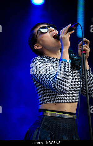The Swedish electronic music band Little Dragon performs a live concert at the Norwegian music festival Øyafestivalen 2014. Here the band’s lead singer Yukimi Nagano is pictured live on stage. Norway, 07/08 2014. Stock Photo