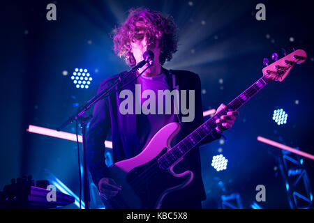 The French electronic music band M83 performs a live concert at the Norwegian music festival Øyafestivalen 2016 in Oslo. Here musician bass player Jordan Lawlor is seen live on stage, Norway, 10/08 2016. Stock Photo