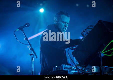 The French electronic music band M83 performs a live concert at the Norwegian music festival Øyafestivalen 2016 in Oslo. Here musician, singer and songwriter Anthony Gonzalez is seen live on stage, Norway, 10/08 2016. Stock Photo