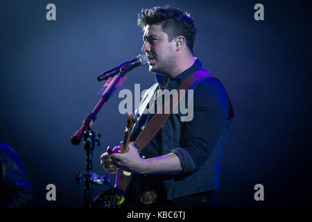 The British folk rock band Mumford & Sons performs a live concert at Oslo Spektrum. Here singer, songwriter and musician Marcus Mumford is seen live on stage. Norway, 10/05 2016. Stock Photo