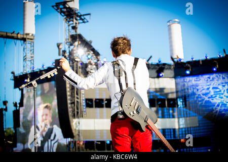 The English rock band Muse performs a live concert at Brann Stadion. Here lead singer, songwriter and musician Matthew Bellamy is pictured live on stage. Norway, 19/07 2013. Stock Photo