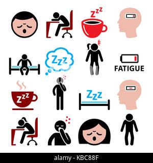 Fatigue vector icons set, tired, sressed or sleepy man and woman design Stock Vector