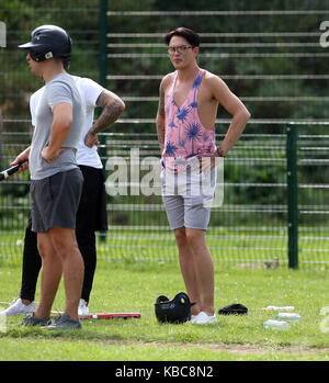 The cast of TOWIE film take part in a Baseball Match. Bobby Norris and the boys versus Gemma Collins and the girls.  Featuring: Bobby Norris Where: Waltham Abbey, United Kingdom When: 29 Aug 2017 Credit: WENN.com Stock Photo