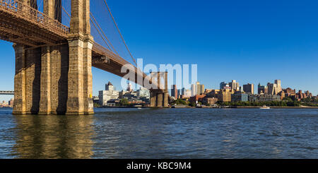 Panoramic view of Brooklyn Riverfront with the Brooklyn Bridge, Brooklyn Bridge Park, and the East River Stock Photo