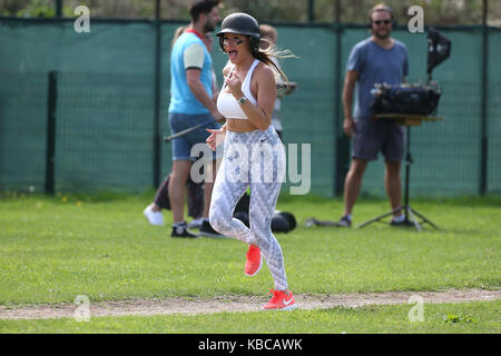 The cast of TOWIE film take part in a Baseball Match. Bobby Norris and the boys versus Gemma Collins and the girls.  Featuring: Georgia Kousoulou Where: Waltham Abbey, United Kingdom When: 29 Aug 2017 Credit: WENN.com Stock Photo