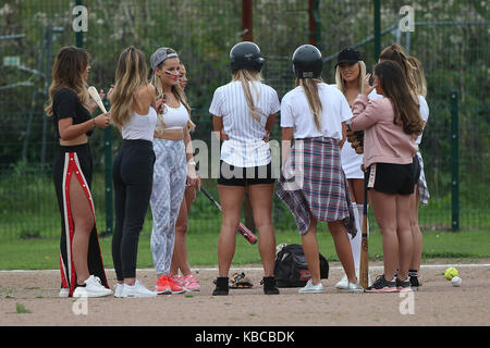 The cast of TOWIE film take part in a Baseball Match. Bobby Norris and the boys versus Gemma Collins and the girls.  Featuring: Georgia Kousoulou Where: Waltham Abbey, United Kingdom When: 29 Aug 2017 Credit: WENN.com Stock Photo