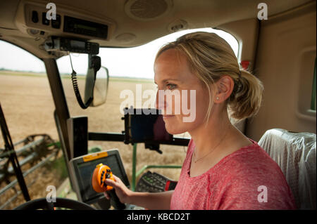 A YOUNG FEMALE FARMER HARVESTS WHEAT ON THE FAMILY FARM NEAR BRECKENRIDGE, NORTH DAKOTA Stock Photo