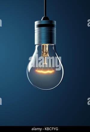 Hanging glowing light bulb on blue background Stock Photo