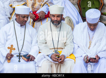 Ethiopian Orthodox worshipers waiting for the Holy fire ceremony to begin at the Ethiopian section of the Holy Sepulcher in Jerusalm Israel Stock Photo