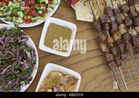 shish kebabs menu and vegetables Stock Photo