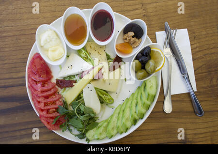 breakfast plate on wooden table Stock Photo