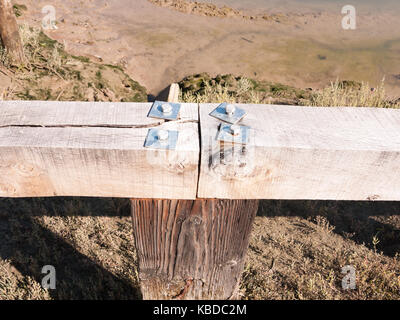 close up of four metal screw tops on wooden fence; essex; england; UK Stock Photo