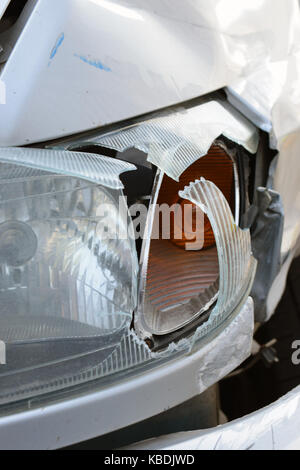 Broken Car after a Crash. Damaged Wing and Headlamp of a Car