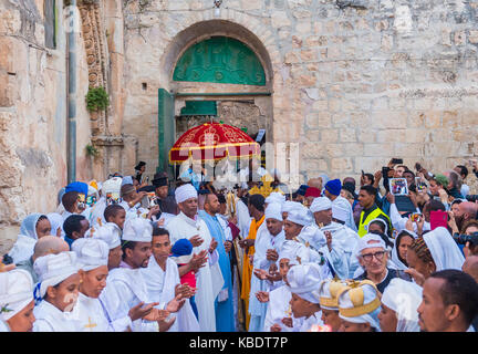 Ethiopian Orthodox worshipers waiting for the Holy fire ceremony to begin at the Ethiopian section of the Holy Sepulcher in Jerusalm Israel Stock Photo