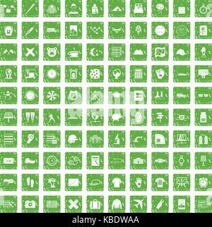 100 time icons set grunge green Stock Vector