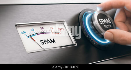 Conceptual image of spam filter, hand turning a knob to the maximum email filtering position. Concept of junk mail avoidance. Composite between an ima Stock Photo