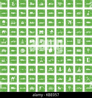100 transport icons set grunge green Stock Vector