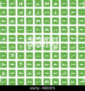 100 transportation icons set grunge green Stock Vector